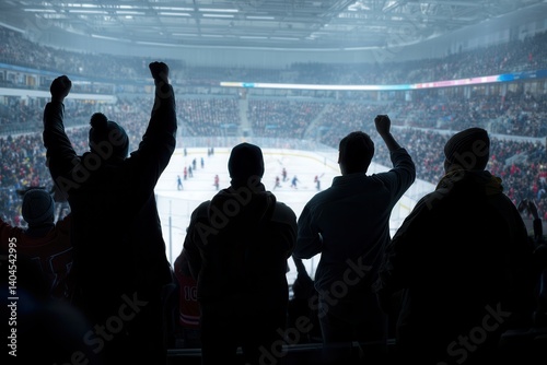 Excited fans cheer as players compete in an intense ice hockey match in a packed arena.