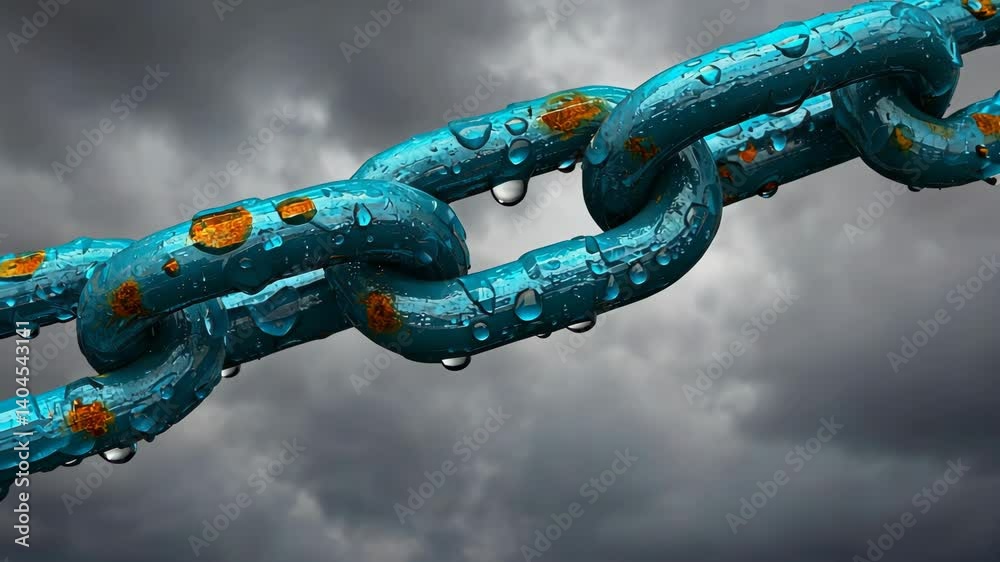 Close-up of a weathered cyan metal chain with rust and water droplets set against a stormy, overcast sky backdrop.