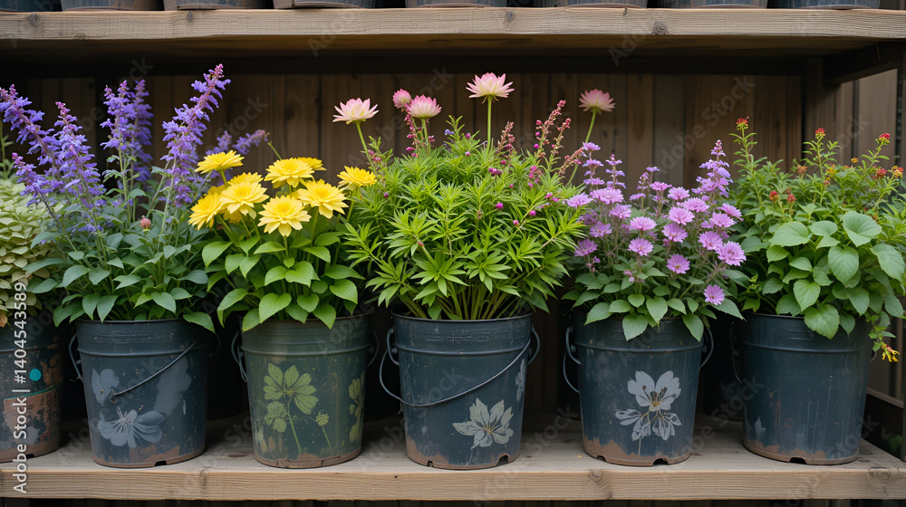 Fototapeta premium a variety of perennials in containers on a wooden shelf