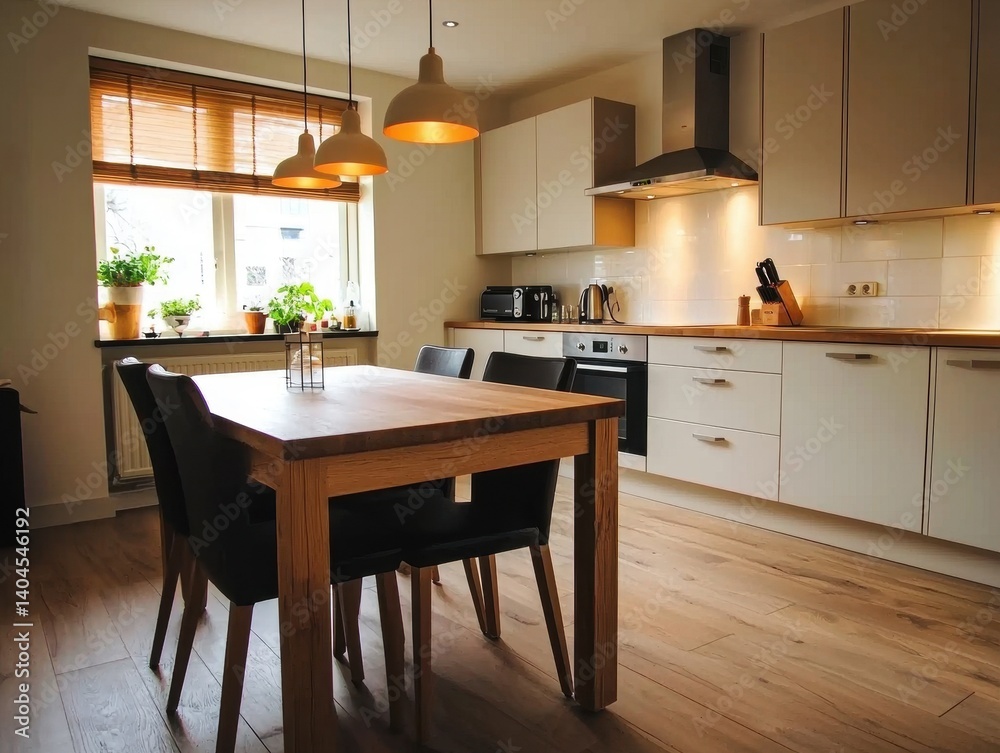Fototapeta premium Modern Kitchen Interior with Wooden Table and Cozy Atmosphere