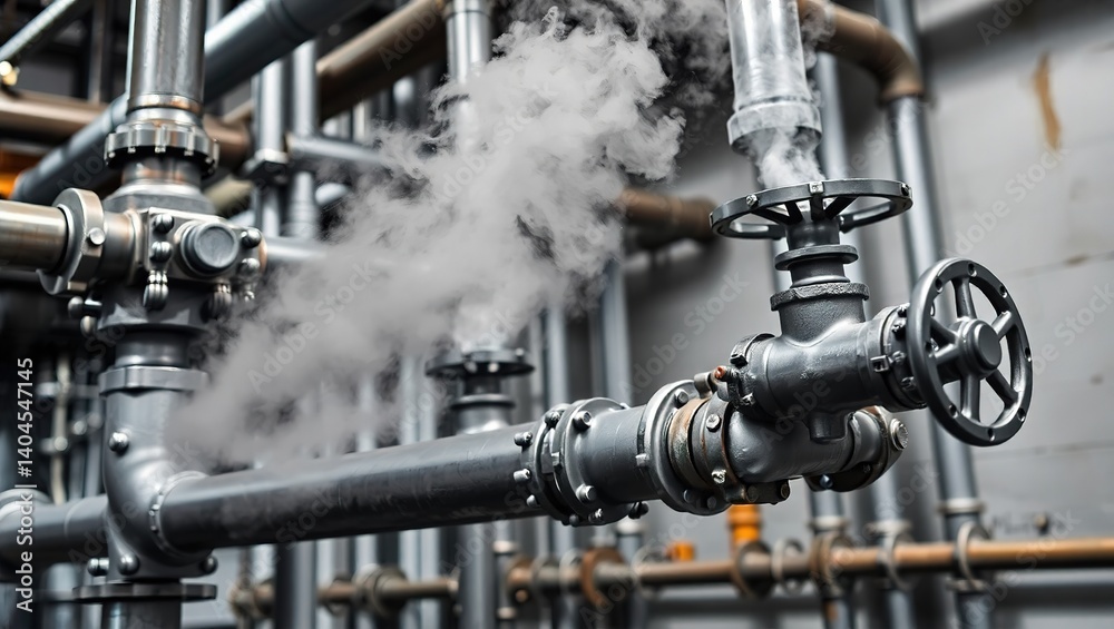 Fototapeta premium Industrial Steam Pipes and Valves, Engineering Equipment, Close-up View