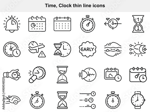 Time and Clock Thin Line Icons Set: Vector Illustrations for Time Management