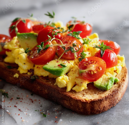 Healthy brunch scene featuring avocado slices, fluffy scrambled eggs, and cherry tomatoes on toasted bread. Great for nutrition content or breakfast menu visuals.

