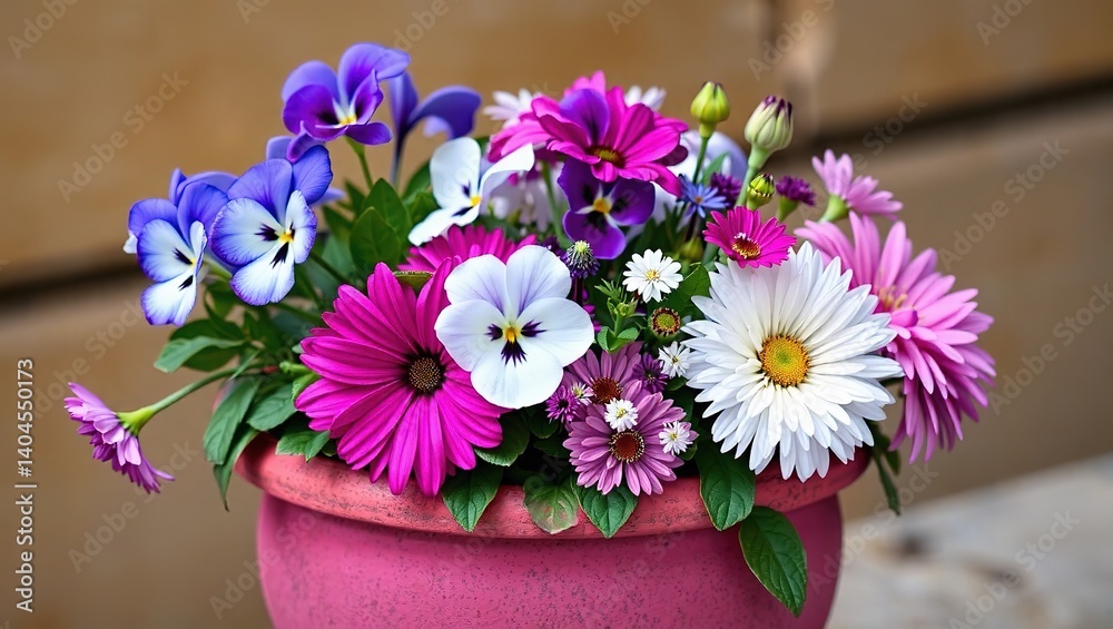 custom made wallpaper toronto digitalAzure Viola, White Zephyranthes, and Magenta Chrysanthemum in a Magenta Stone Pot.