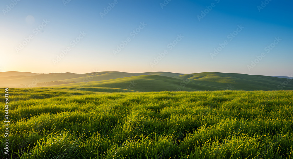 Fototapeta premium Rolling green hills at sunrise under a clear blue sky offering peaceful scenery