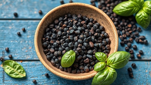 Black Pepper Seeds and Basil on Rustic Blue Wooden Table