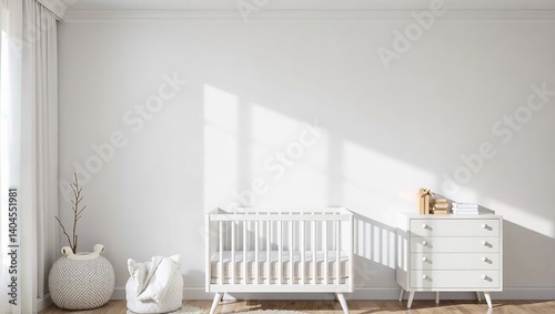 Modern White Nursery Design with Minimalist Mobile and Room for Imagination