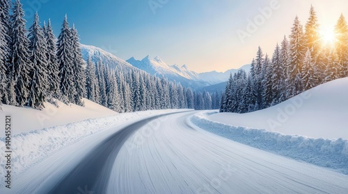 Empty Road, A serene winter landscape featuring a winding snowy road surrounded by majestic mountains and evergreen trees. Copy space, 300 dpi, commercial use