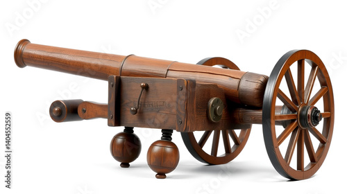 Antique wooden cannon on wheels, isolated on white.