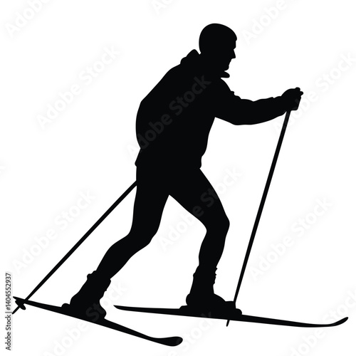 Man Silhouette Cross Country Skiing with Poles on Transparent Background