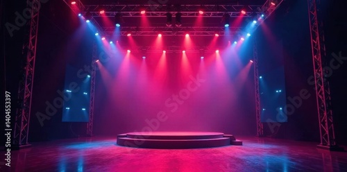 Central stage with multiple trusses, complex lighting setup, framework, preparation