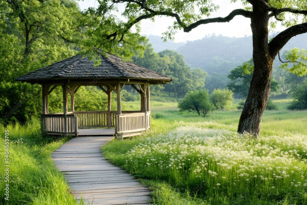 Wooden gazebo overlooking blooming meadow in peaceful park Wooden gazebo overlooking blooming meadow in peaceful park