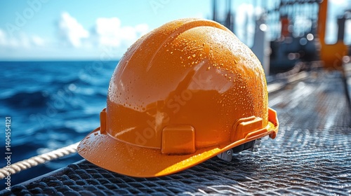 Orange Safety Helmet on Offshore Platform Wet from Ocean Spray Construction Industry photo