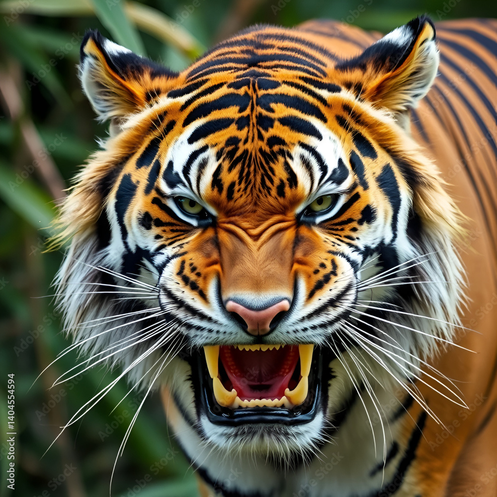 Obraz premium Angry Liger Closeup, Ferocious Big Cat, Wildlife Photography, Teeth, Jungle, Nature, Wild Animal Portrait