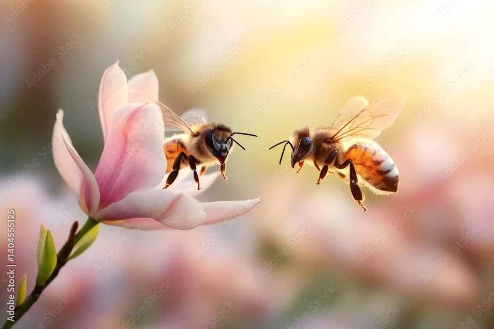 Two bees flying near pink magnolia flower at sunset