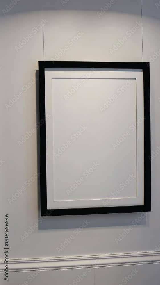 Framed white canvas with black border hangs on neutral wall, clean interior design, blank space for graphic design, minimal art concept