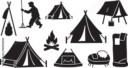 This image features a set of black and white camping and hiking icons, perfect for creating signage, posters, or website graphics.