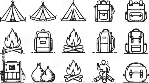 This image features a set of black and white camping and hiking icons, perfect for creating signage, posters, or website graphics.