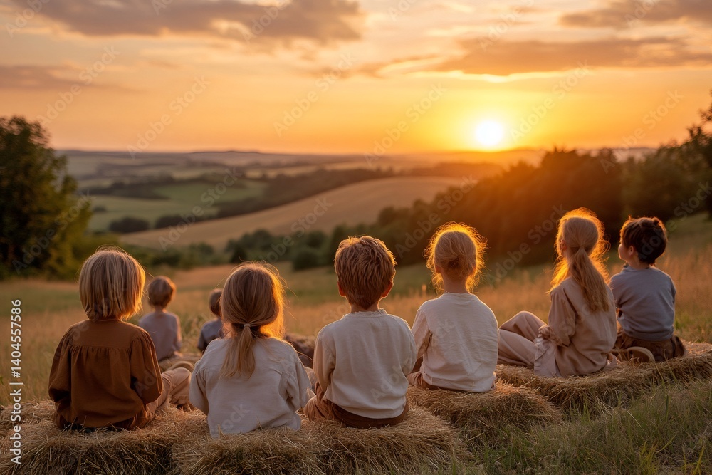 Children watching sunset sitting on hay bales in a field Children watching sunset sitting on hay bales in a field
