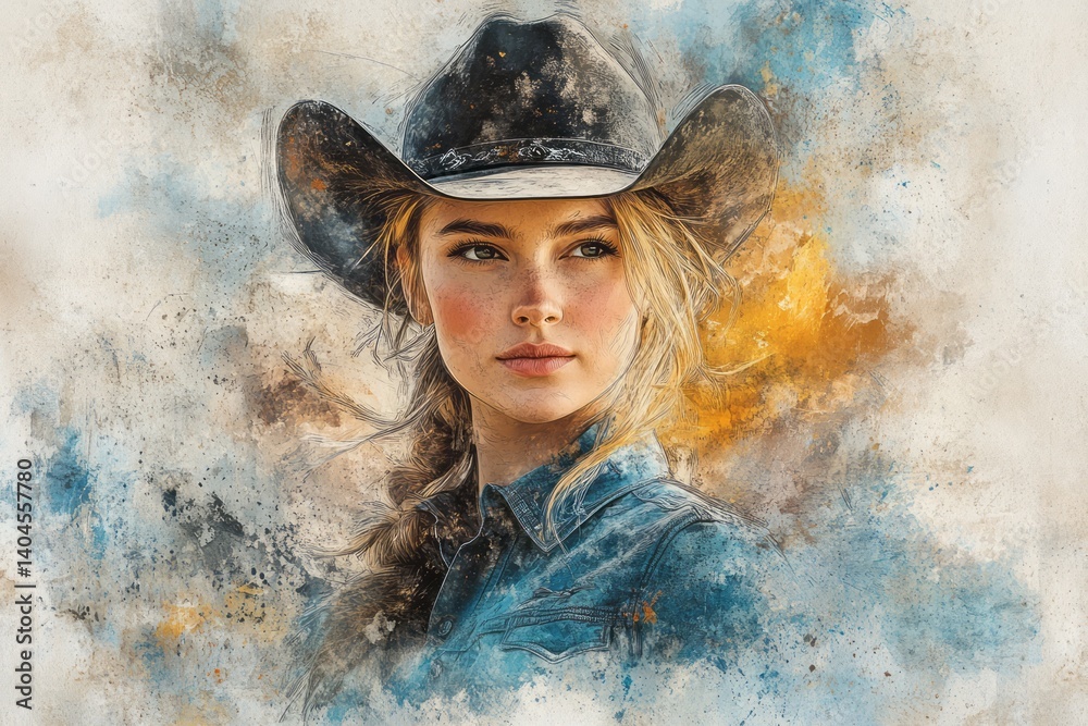 Fototapeta premium Watercolor portrait of a beautiful woman wearing a cowboy hat