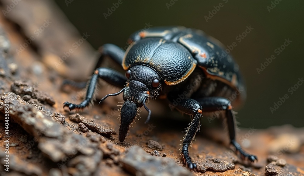 Close up shot of a weevil with orange spots on a textured surface Close up shot of a weevil with orange spots on a textured surface