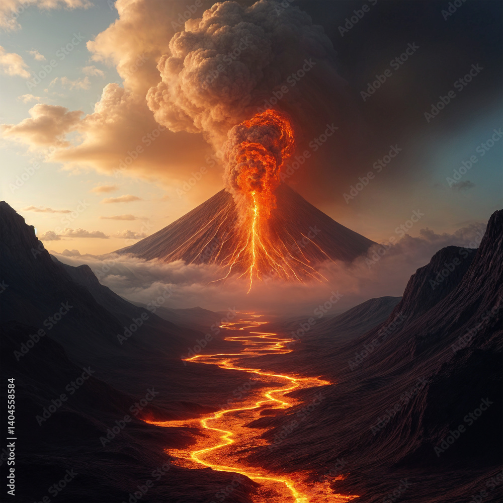 Fototapeta premium The mountain has a volcanic eruption and lava flows out