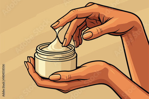 Hands scooping cream from a minimalist skincare jar
