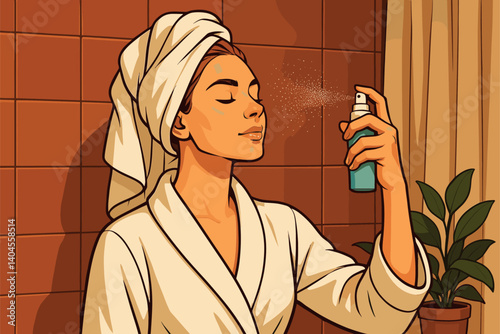 Woman in bathrobe spraying mist on her face