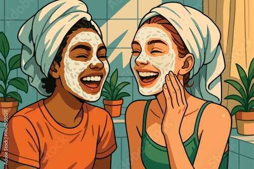 Two friends doing skincare routines together and laughing photo