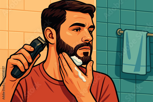 Man trimming beard while moisturizing his jawline