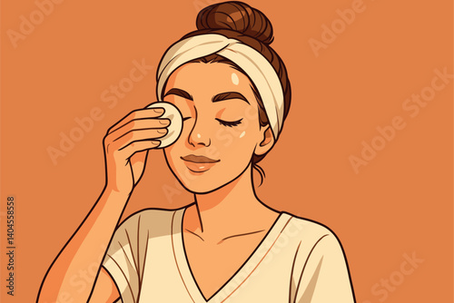 Woman removing makeup with cotton pad gently