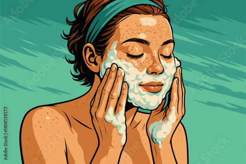 Person with freckles gently cleansing face with foam
