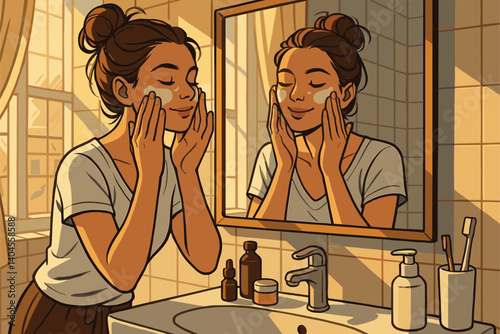Morning self-care with natural light and mirror reflection