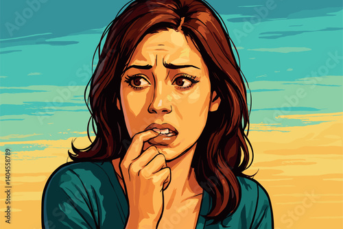 Woman with worried expression biting her lip gently