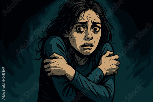 Girl expressing fear while hugging herself tightly