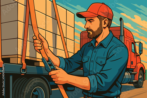 Trucker checking cargo straps before departure from logistics hub