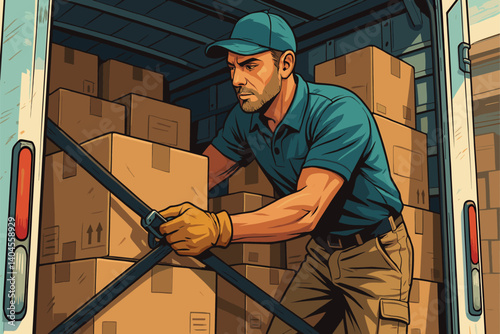 Delivery driver securing packages inside a freight truck