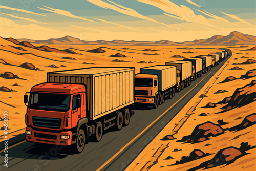 Long convoy of cargo trucks transporting goods across desert road