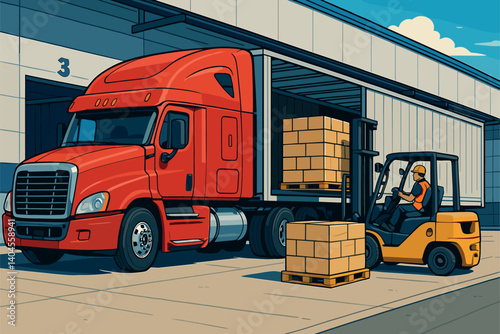 Semi-truck parked at warehouse being loaded with pallets