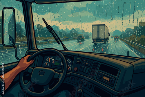 Dashboard view from inside cargo truck on rainy highway