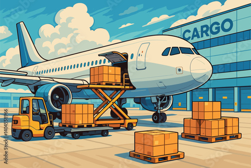 Airplane being loaded with cargo at airport logistics terminal