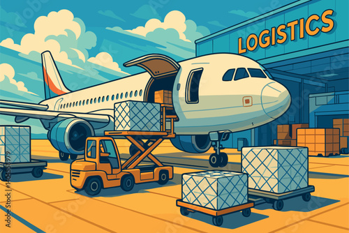 Airplane being loaded with cargo at airport logistics terminal
