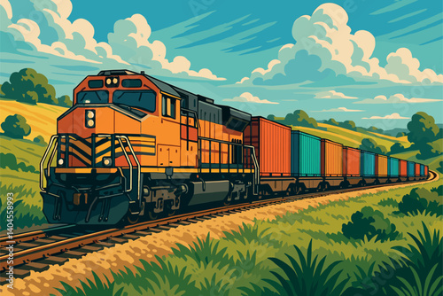 Freight train carrying shipping containers through countryside landscape