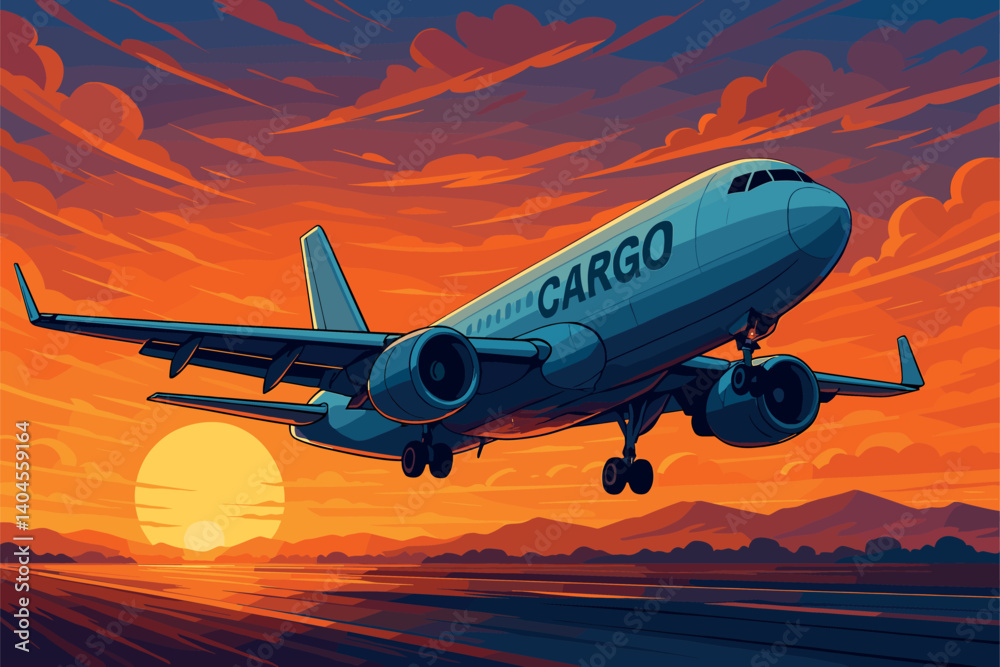Cargo plane taking off at sunrise with freight containers onboard Cargo plane taking off at sunrise with freight containers onboard