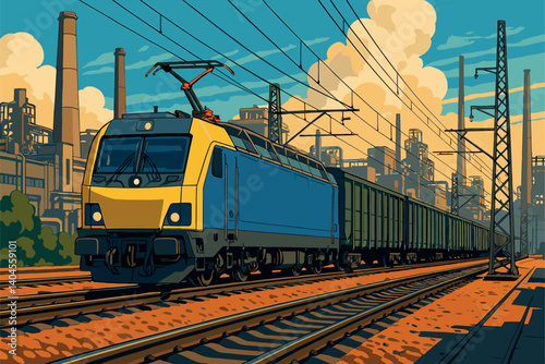 Modern electric cargo train passing through industrial zone
