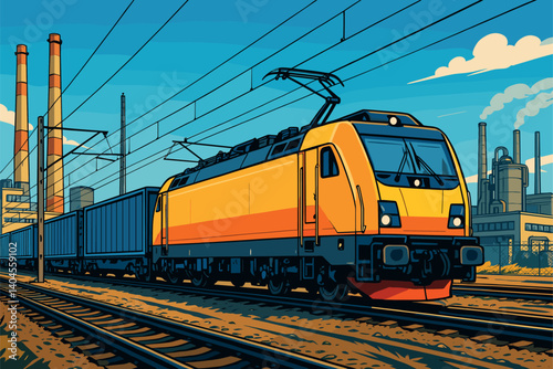Modern electric cargo train passing through industrial zone