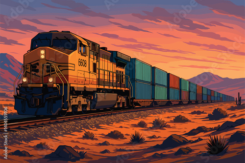 Freight train transporting containers across desert landscape at dusk