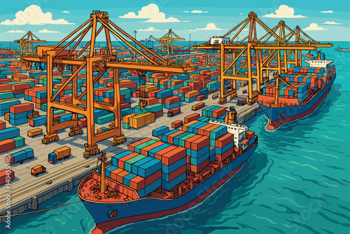 Aerial view of busy shipping port with cranes unloading containers
