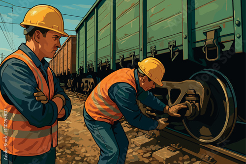 Workers inspecting wheels and brakes of freight train pre-departure