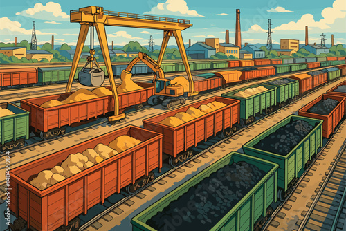 Railway yard with cargo trains loaded with goods and materials